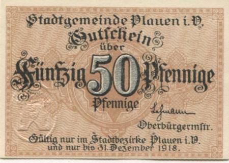 Plauen - Stadt - - 31.12.1918 - 50 Pfennig 