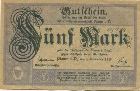 Plauen - Stadt - 1.11.1918 - 5 Mark 