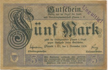 Plauen - Stadt - 1.11.1918 - 5 Mark 