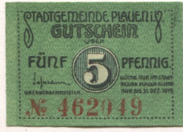 Plauen - Stadt - - 31.12.1919 - 5 Pfennig 