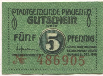 Plauen - Stadt - - 31.12.1919 - 5 Pfennig 