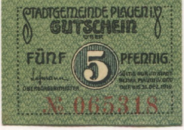 Plauen - Stadt - - 31.12.1919 - 5 Pfennig 