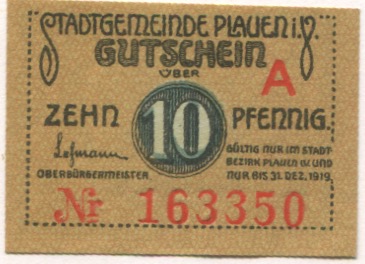 Plauen - Stadt - - 31.12.1919 - 10 Pfennig 