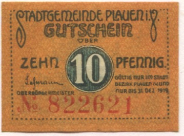 Plauen - Stadt - - 31.12.1919 - 10 Pfennig 