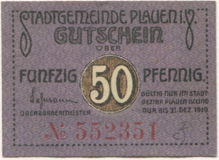 Plauen - Stadt - - 31.12.1919 - 50 Pfennig 