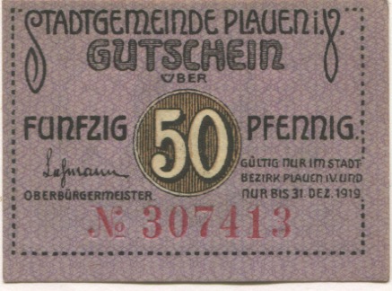 Plauen - Stadt - - 31.12.1919 - 50 Pfennig 