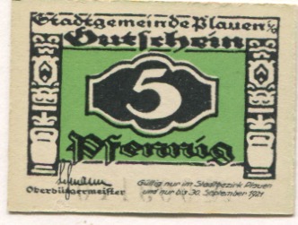 Plauen - Stadt - - 30.9.1921 - 5 Pfennig 