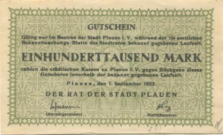 Plauen - Stadt - 7.9.1923 - 100000 Mark 