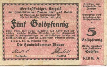Plauen - Handelskammer - 12.11.1923 - 5 Gold-Pfennig 