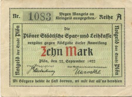 Plön - Stadt - 22.9.1922 - 10 Mark 