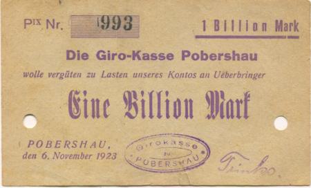 Pobershau (heute: Marienberg) - Girokasse - 6.11.1923 - 1 Billion Mark 