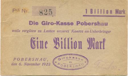 Pobershau (heute: Marienberg) - Girokasse - 6.11.1923 - 1 Billion Mark 