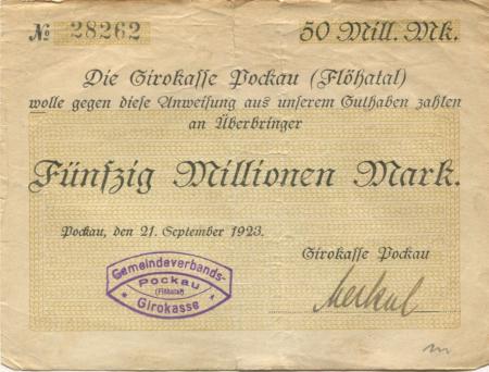 Pockau - Gemeindeverbands-Girokasse - 21.9.1923 - 50 Millionen Mark 