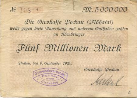 Pockau - Gemeindeverbands-Girokasse - 3.9.1923 - 5 Millionen Mark 