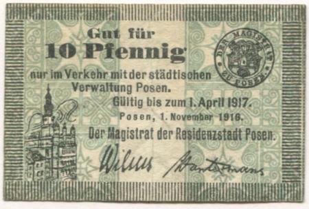 Posen (heute: PL-Poznan) - Stadt - 1.11.1916 - 1.4.1917 - 10 Pfennig 