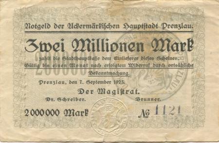 Prenzlau - Stadt - 7.9.1923 - 2 Millionen Mark 