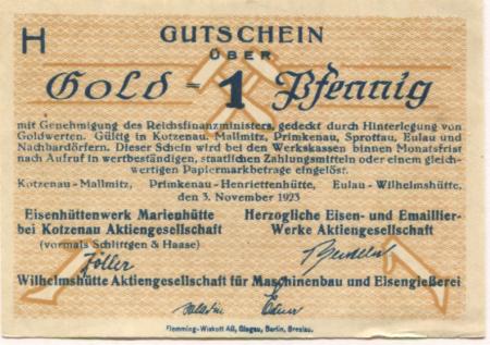 Primkenau (heute: PL-Przemków) - Herzogliche Eisen- und Emaillierwerke AG, Henriettenhütte - 3.11.1923 - 1 Gold-Pfennig 