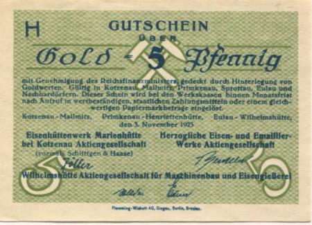 Primkenau (heute: PL-Przemków) - Herzogliche Eisen- und Emaillierwerke AG, Henriettenhütte - 3.11.1923 - 5 Gold-Pfennig 