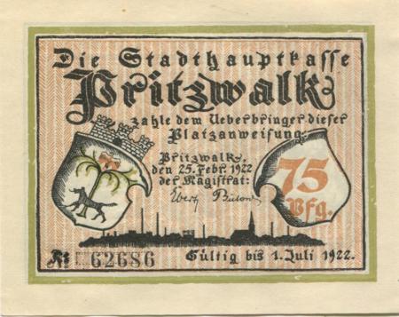 Pritzwalk - Stadt - 25.2.1922 - 1.7.1922 - 75 Pfennig 