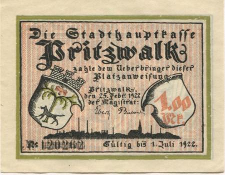 Pritzwalk - Stadt - 25.2.1922 - 1.7.1922 - 1 Mark 