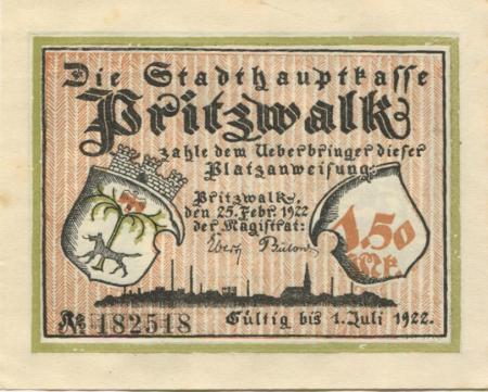 Pritzwalk - Stadt - 25.2.1922 - 1.7.1922 - 1.50 Mark 