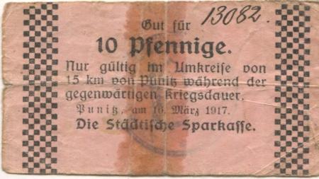 Punitz (heute: PL-Poniec) - Städtische Sparkasse - 16.3.1917 - 10 Pfennig 
