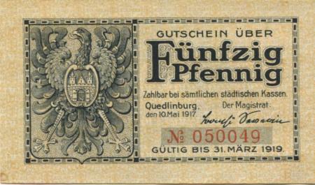 Quedlinburg - Stadt - 10.5.1917 - 31.3.1919 - 50 Pfennig 