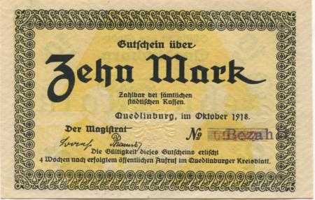 Quedlinburg - Stadt - Oktober 1918 - 10 Mark 