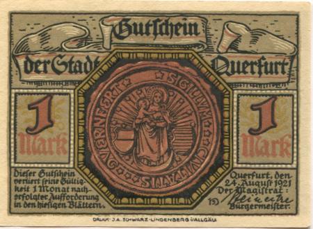 Querfurt - Stadt - 24.8.1921 - 1 Mark 