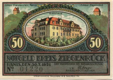 Ranis - Kreis Ziegenrück - 30.7.1921 - 50 Pfennig 