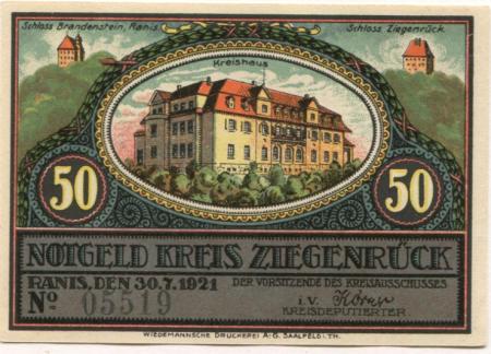 Ranis - Kreis Ziegenrück - 30.7.1921 - 50 Pfennig 