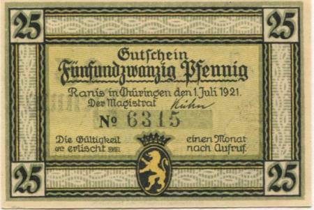 Ranis - Stadt - 1.7.1921 - 25 Pfennig 