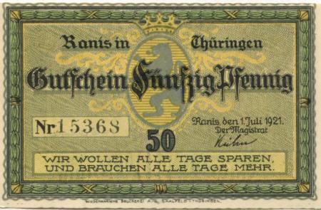 Ranis - Stadt - 1.7.1921 - 50 Pfennig 