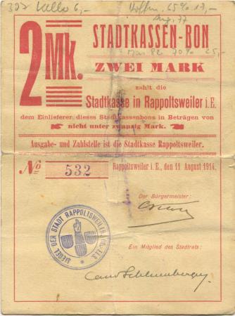 Rappoltsweiler (heute: F-Ribeauvillé) - Stadt - 11.8.1914 - 2 Mark 