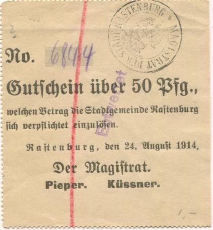 Rastenburg (heute: PL-Ketrzyn) - Stadt - 24.8.1914 - 50 Pfennig 