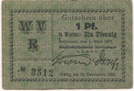 Rathenow - Westhavelländische Vereinsbank EGmbH - 1.3.1917  - 1.12.1920 - 1 Pfennig 