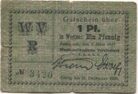 Rathenow - Westhavelländische Vereinsbank EGmbH - 1.3.1917  - 1.12.1920 - 1 Pfennig 