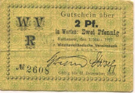 Rathenow - Westhavelländische Vereinsbank EGmbH - 1.3.1917  - 1.12.1920 - 2 Pfennig 