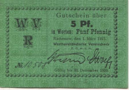 Rathenow - Westhavelländische Vereinsbank EGmbH - 1.3.1917  - 1.12.1920 - 5 Pfennig 