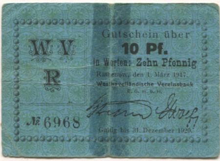 Rathenow - Westhavelländische Vereinsbank EGmbH - 1.3.1917  - 1.12.1920 - 10 Pfennig 
