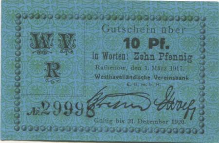 Rathenow - Westhavelländische Vereinsbank EGmbH - 1.3.1917  - 1.12.1920 - 10 Pfennig 
