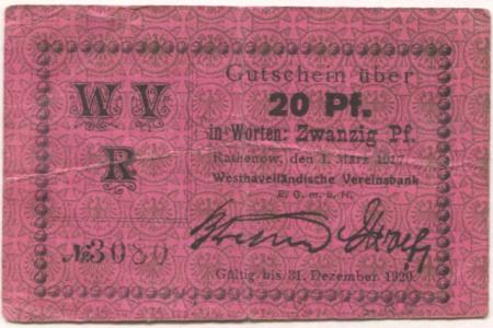 Rathenow - Westhavelländische Vereinsbank EGmbH - 1.3.1917  - 1.12.1920 - 20 Pfennig 