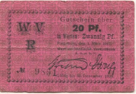 Rathenow - Westhavelländische Vereinsbank EGmbH - 1.3.1917  - 1.12.1920 - 20 Pfennig 