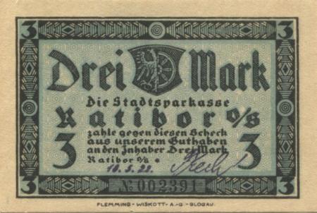Ratibor - (heute: PL-Racibórz) - Stadtsparkasse - 10.5.1922 - 3 Mark 