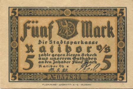 Ratibor - (heute: PL-Racibórz) - Stadtsparkasse - 10.5.1922 - 5 Mark 