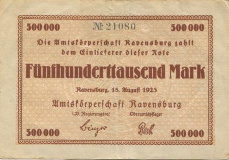 Ravensburg - Amtskörperschaft - 18.8.1923 - 500000 Mark 