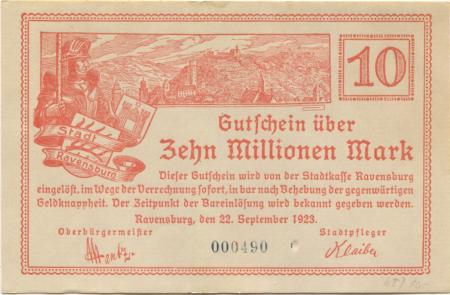Ravensburg - Stadt - 22.9.1923 - 10 Millionen Mark 