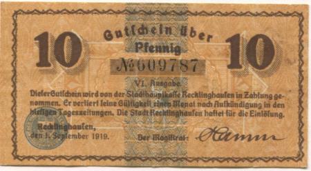 Recklinghausen - Stadt - 1.9.1919 - 10 Pfennig 