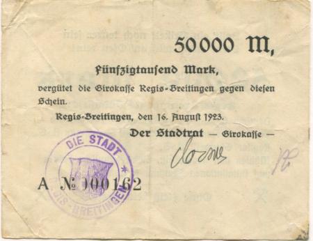 Regis-Breitingen - Stadt-Girokasse - 16.8.1923 - 50000 Mark 