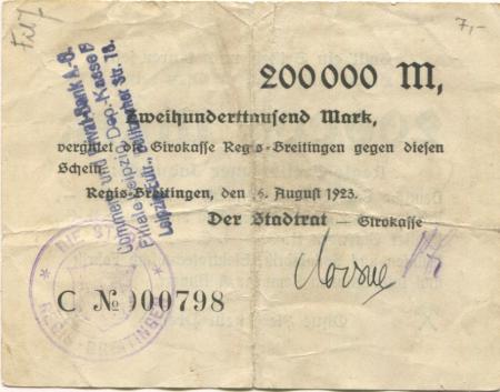 Regis-Breitingen - Stadt-Girokasse - 16.8.1923 - 200000 Mark 